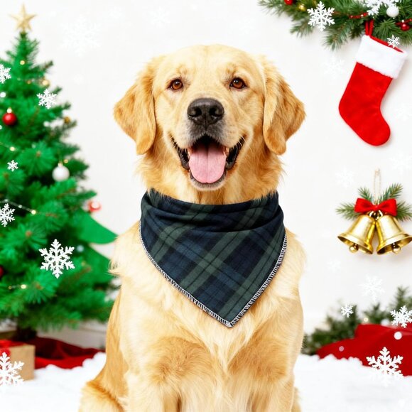 Dog Christmas Bandanas 1PC Washable Cotton Triangle Green Plaid Dog Scarfs for S - Picture 4 of 6